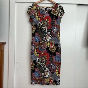 BEIGE BY ECI 70s Inspired Print Knit Sheath Dress Size 8